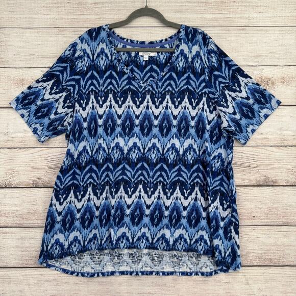 Chico's Geometric Print Scoop Neck T-Shirt Womens XXL Blue Short Sleeve - Picture 1 of 9